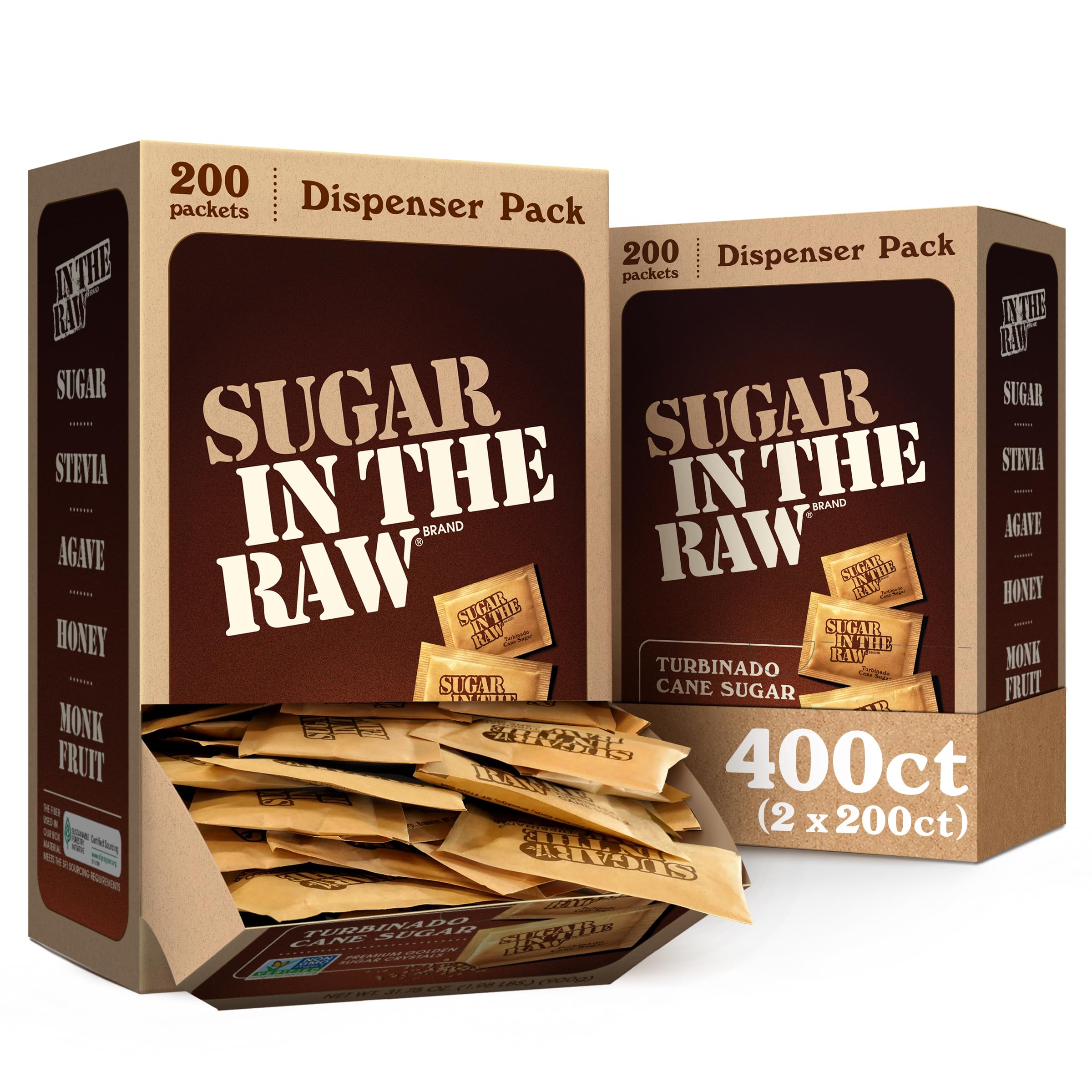 Sugar In The Raw Turbinado Cane Sugar Packets, 200 Ct Box, 2 Pack, Pure, All-Natural Turbinado Sugar, Non-GMO Project Verified, Kosher, Vegan and Gluten Free
