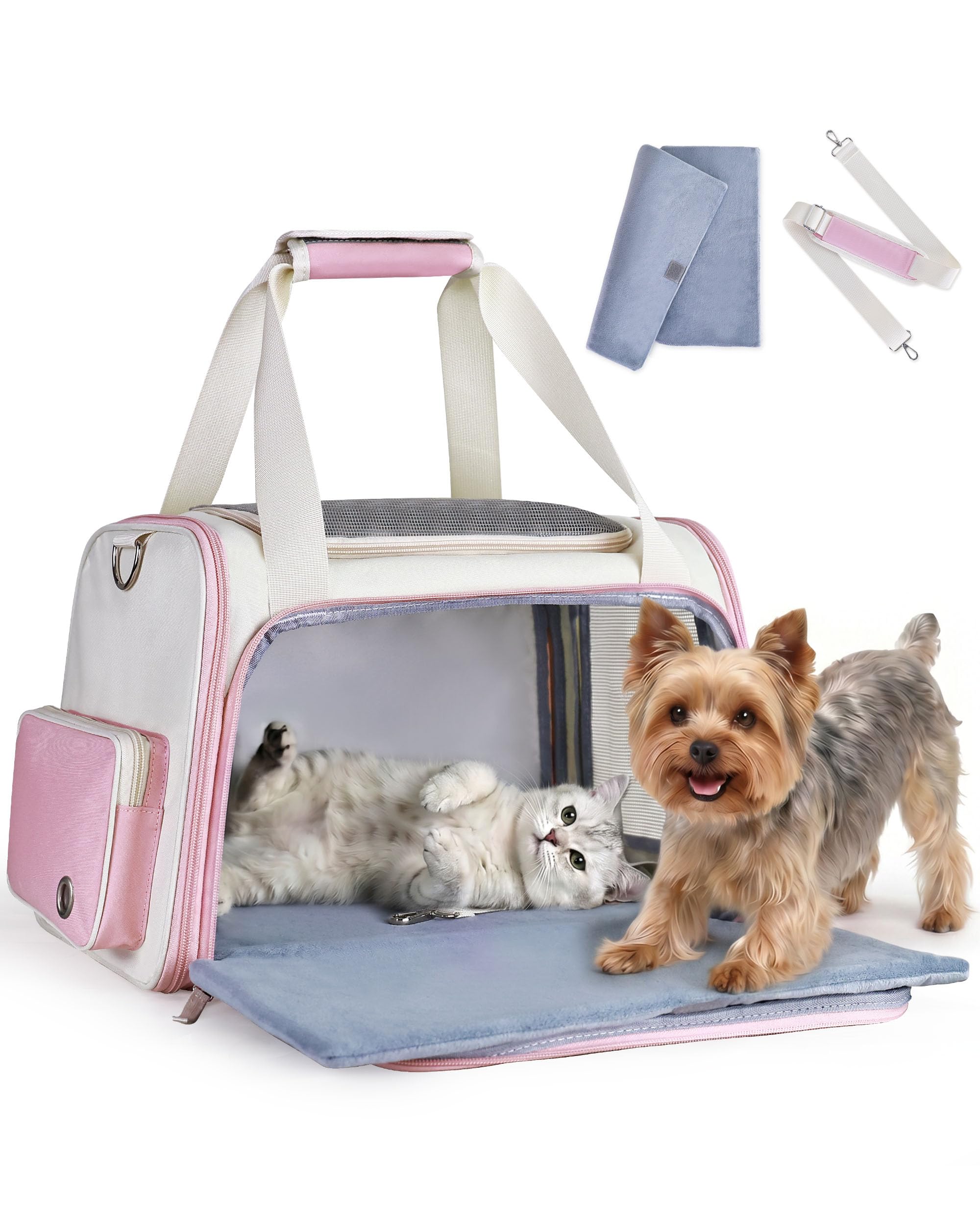 HOMESPON Cat Carrier Airline Approved, Foldable Pet Travel Bag with Steel Frame, 3-Layer Removable Mat & Anti-Escape Zipper, For Cats Dogs Up to 8kg (Pink)