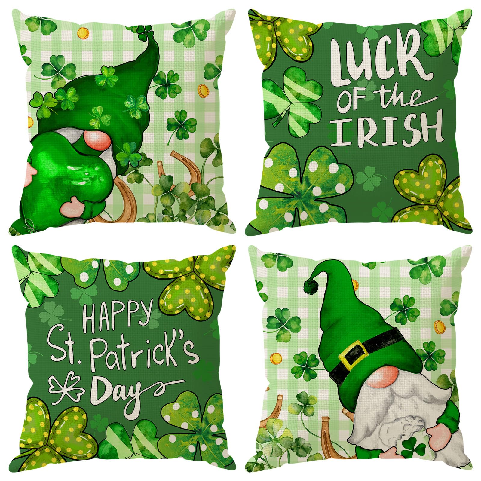 ZAEW Plaid Gnomes Shamrocks Clovers St. Patrick's Day Pillow Covers Throw Pillow Cases Set of 4 Decorations for Farmhouse Home Sofa Couch Cushion