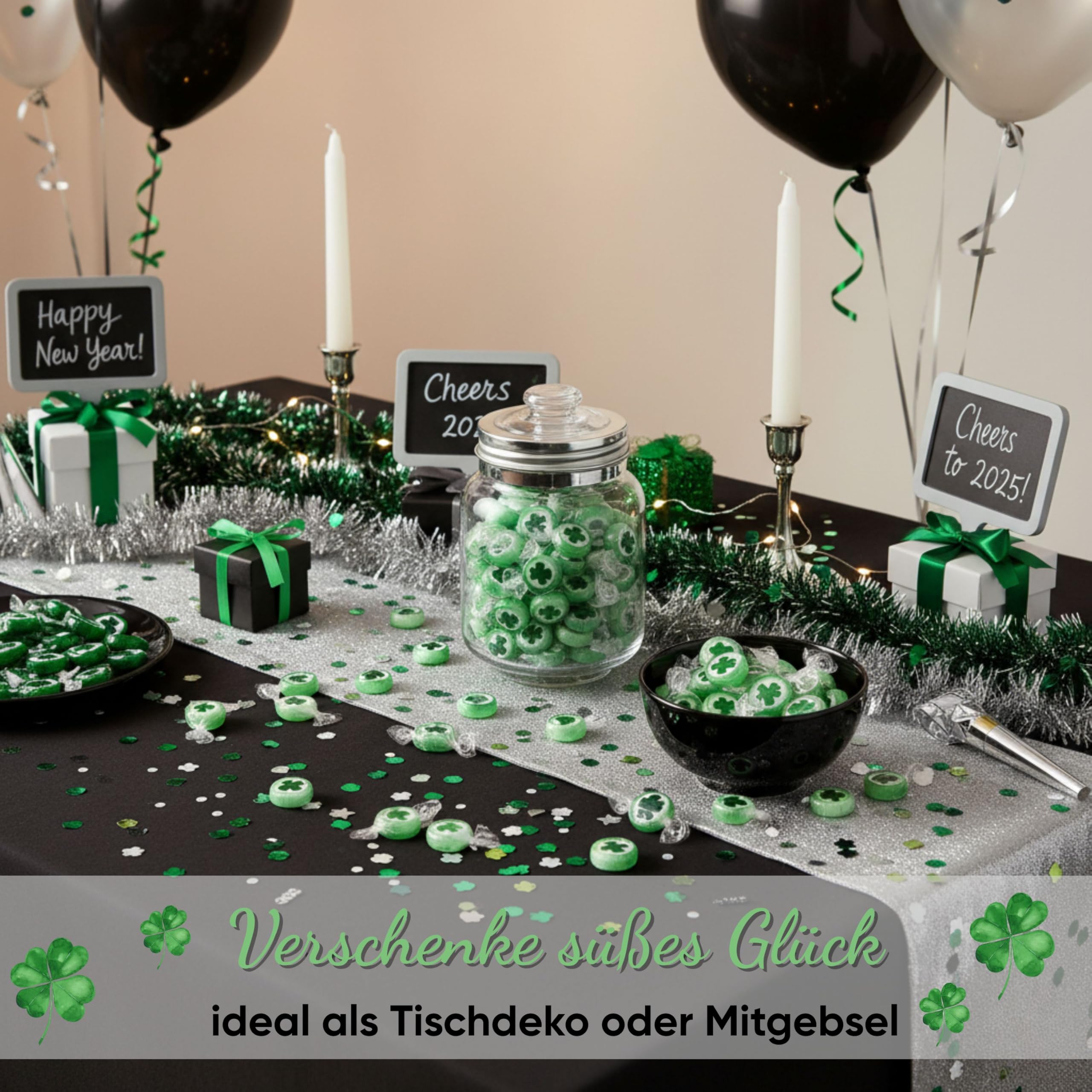 EinsSein Glücksbonbons Kleeblatt grün-weiß 3kg | Handgemachte Rocks Bonbons | Süßigkeiten & Glücksbringer für Silvester Geburtstag Party & Hochzeit | Perfekt für Candybar & Gastgeschenke