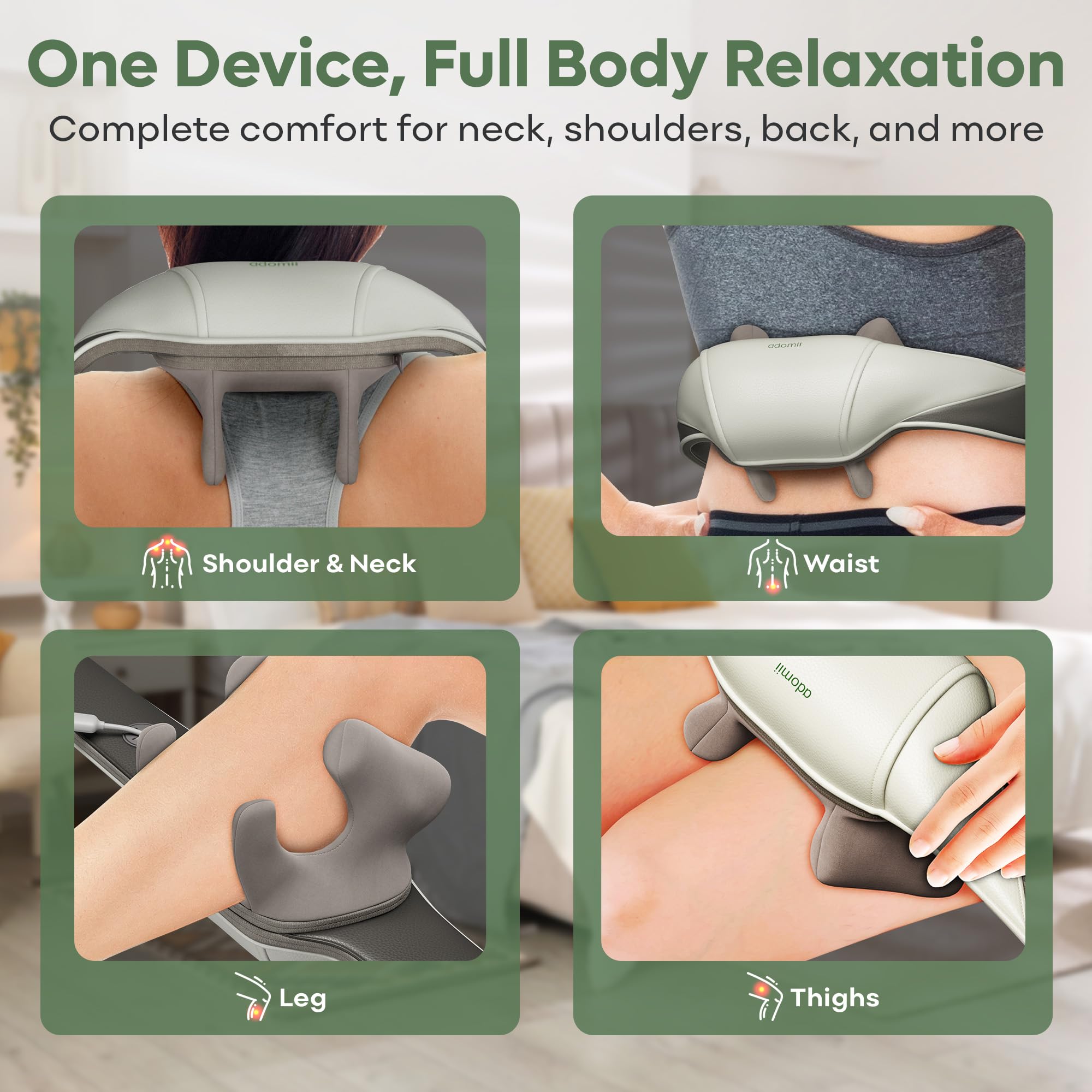 Adomii - Masajeador portátil inalámbrico de cuello y hombros con masaje Shiatsu profundo 4D, control de calor, ideal para aliviar el dolor muscular y relajación, ajuste personalizado,