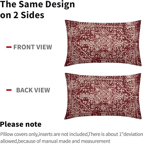Miniatura 4 de Juego de 2 fundas de almohada lumbares bohemias de color rojo burdeos de 12 x 20 pulgadas, fundas de almohada rectangulares decorativas étnicas de