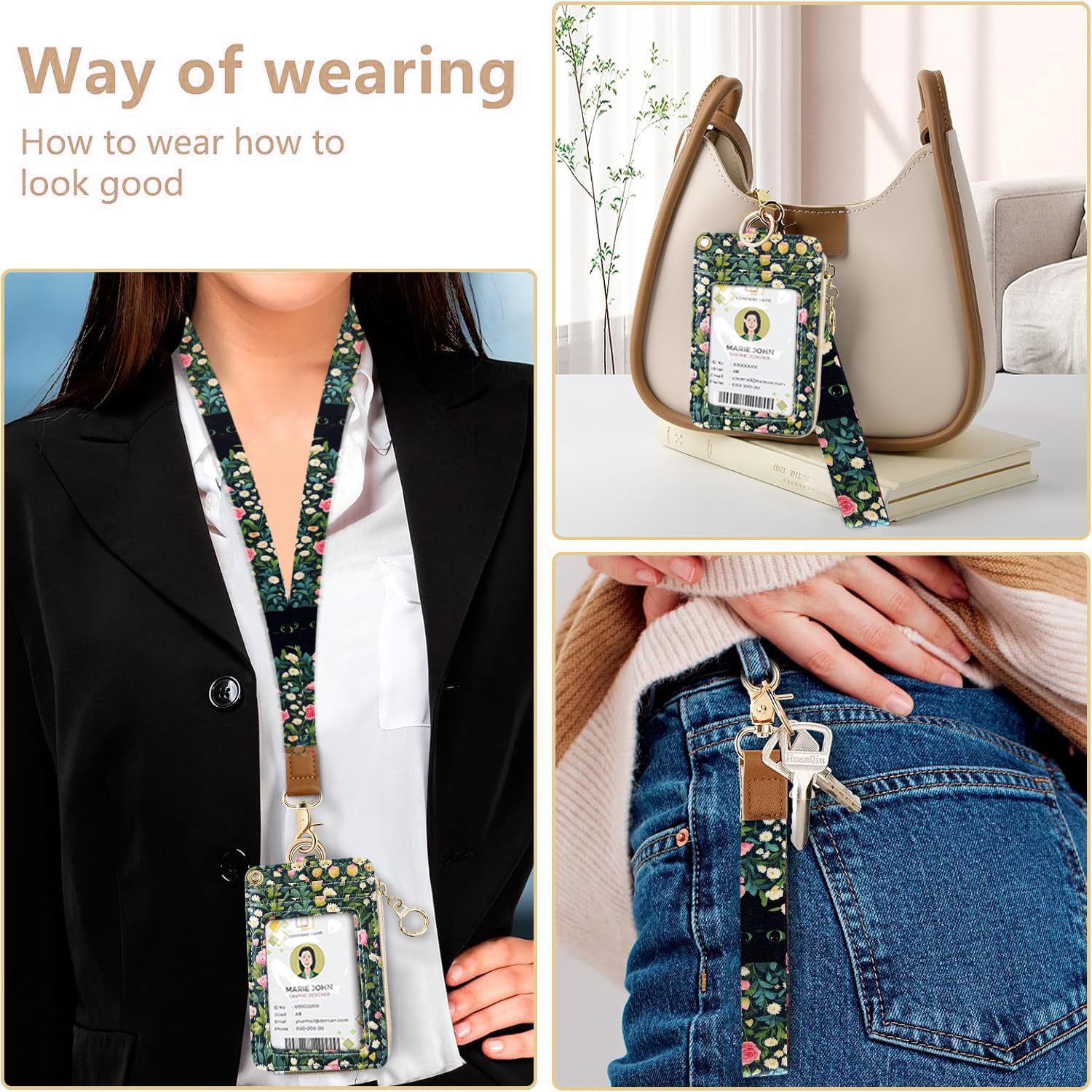 2-in-1 ID Badge Holder & Lanyard Wallet Cute Women Leather Zip ID Case Wallet with Breakaway Wrist and Neck Lanyard - Image 3