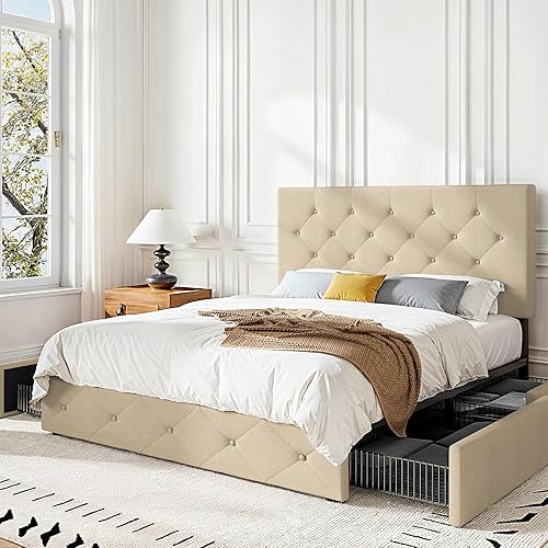 Miniatura 71 de HOOMIC Base de cama de almacenamiento de plataforma de tamaño matrimonial con 4 cajones y cabecera ajustable, listones de madera, no necesita Negro,