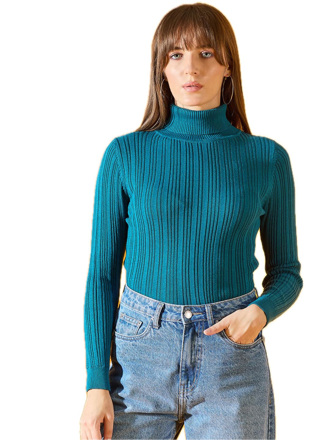 98 Degree Women Pure Cotton High Neck Sweater Has A Full Sleeve & Straight Hem-RLG1143-TEAL-image-46