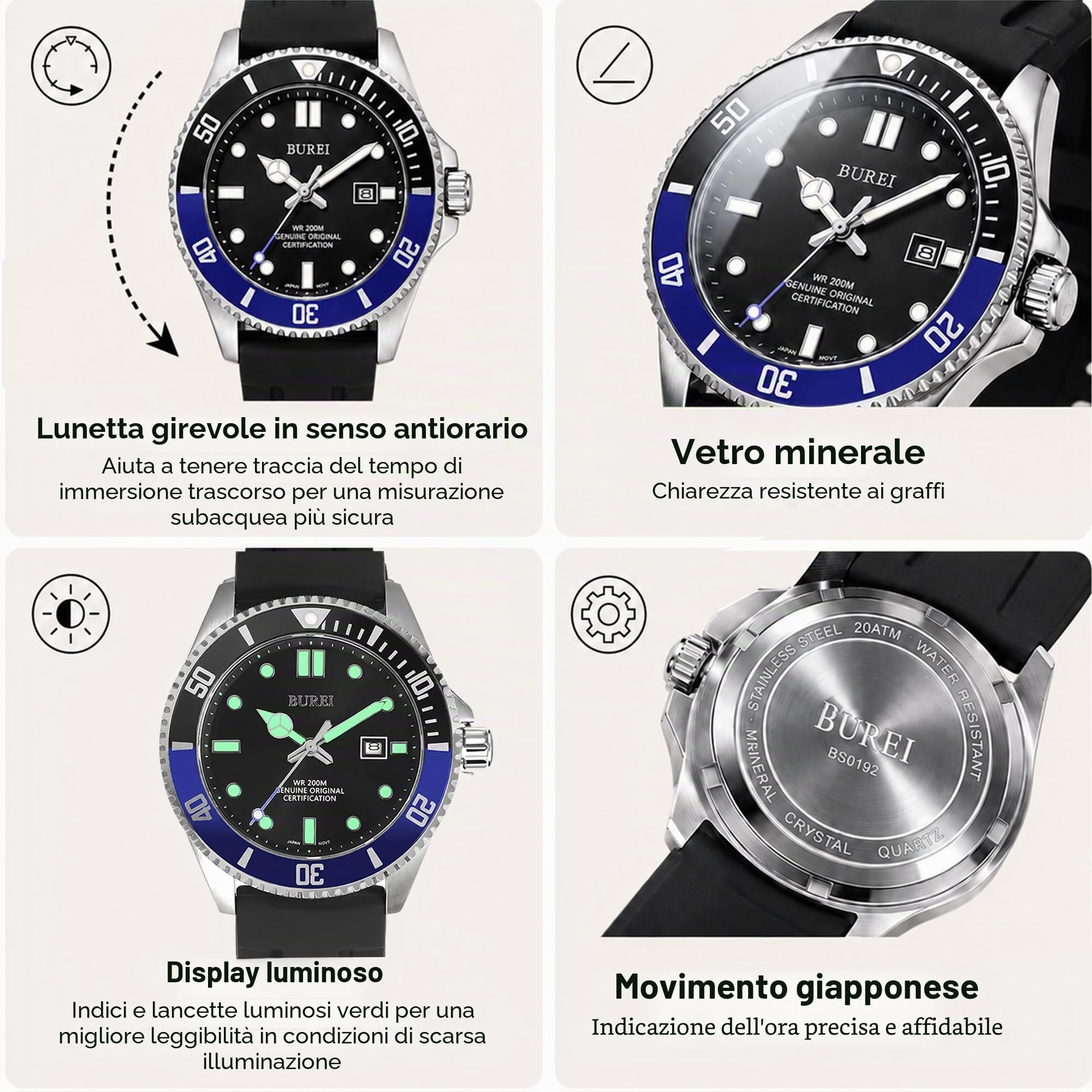 BUREI Orologio subacqueo da uomo, impermeabile fino a 200 m, analogico, al quarzo, in acciaio inox, alla moda, classico, da lavoro, da lavoro, con data automatica