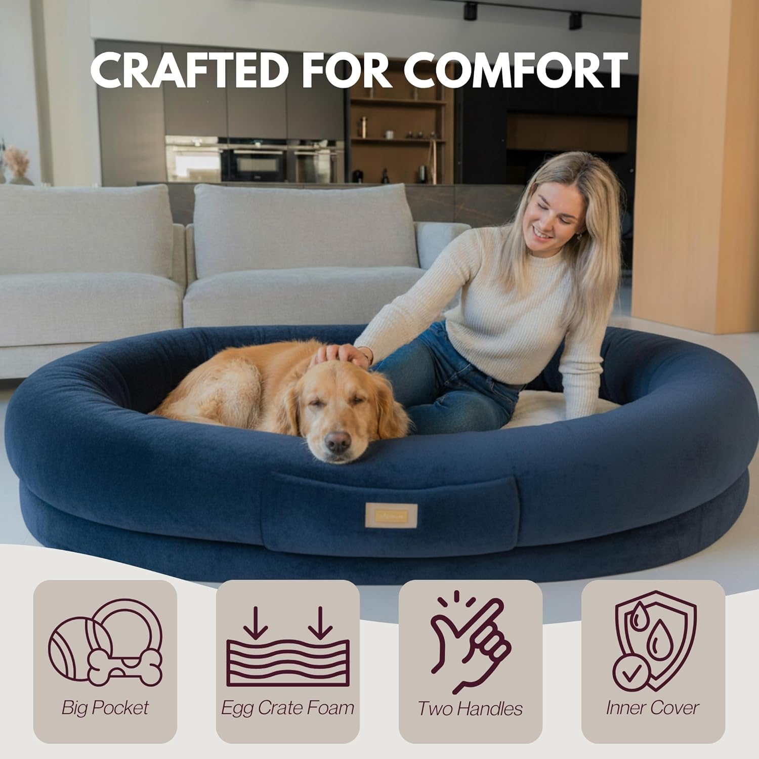 Human Dog Bed for Adults & Pets – Extra Large Cozy Lounger with Ultra-Soft Plush Fabric, Premium Egg Crate Foam Mattress & Removable Washable Cover – Oversized Pet Bed for Relaxation & Bonding (Blue)
