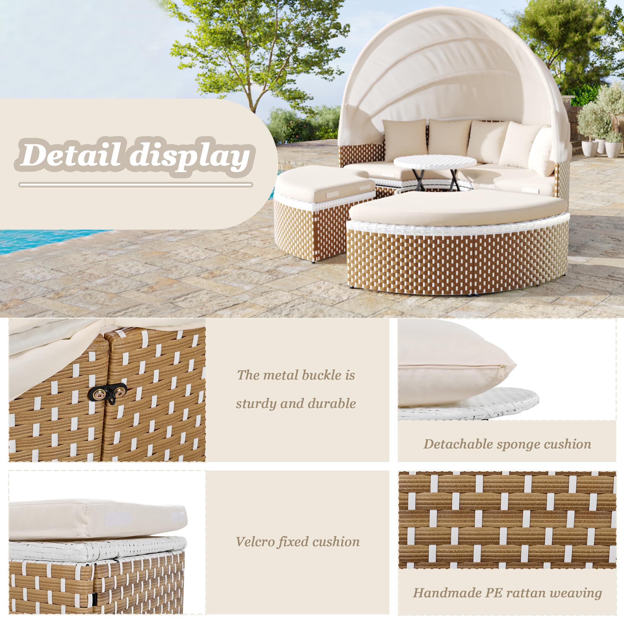 Set di poltrone da giardino, isola, tavolo da giardino e sedie in rattan, letto a conchiglia, baldacchino allungabile, piano sollevabile (beige)