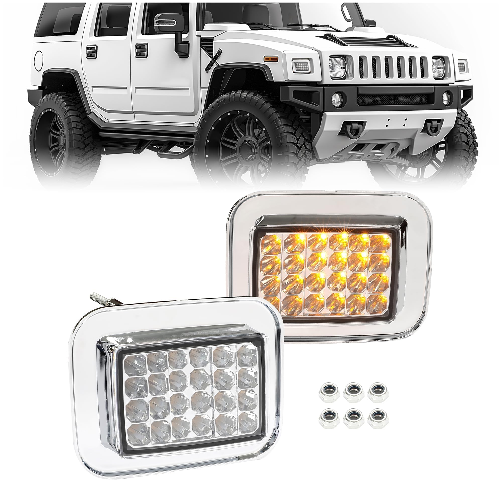HECASA LED Turn Signal Light Lamp Compatible with 03-09 Hummer H2 Base Clear Lens Chrome Housing Amber Parking Cornering Lamps Driver & Passenger Side