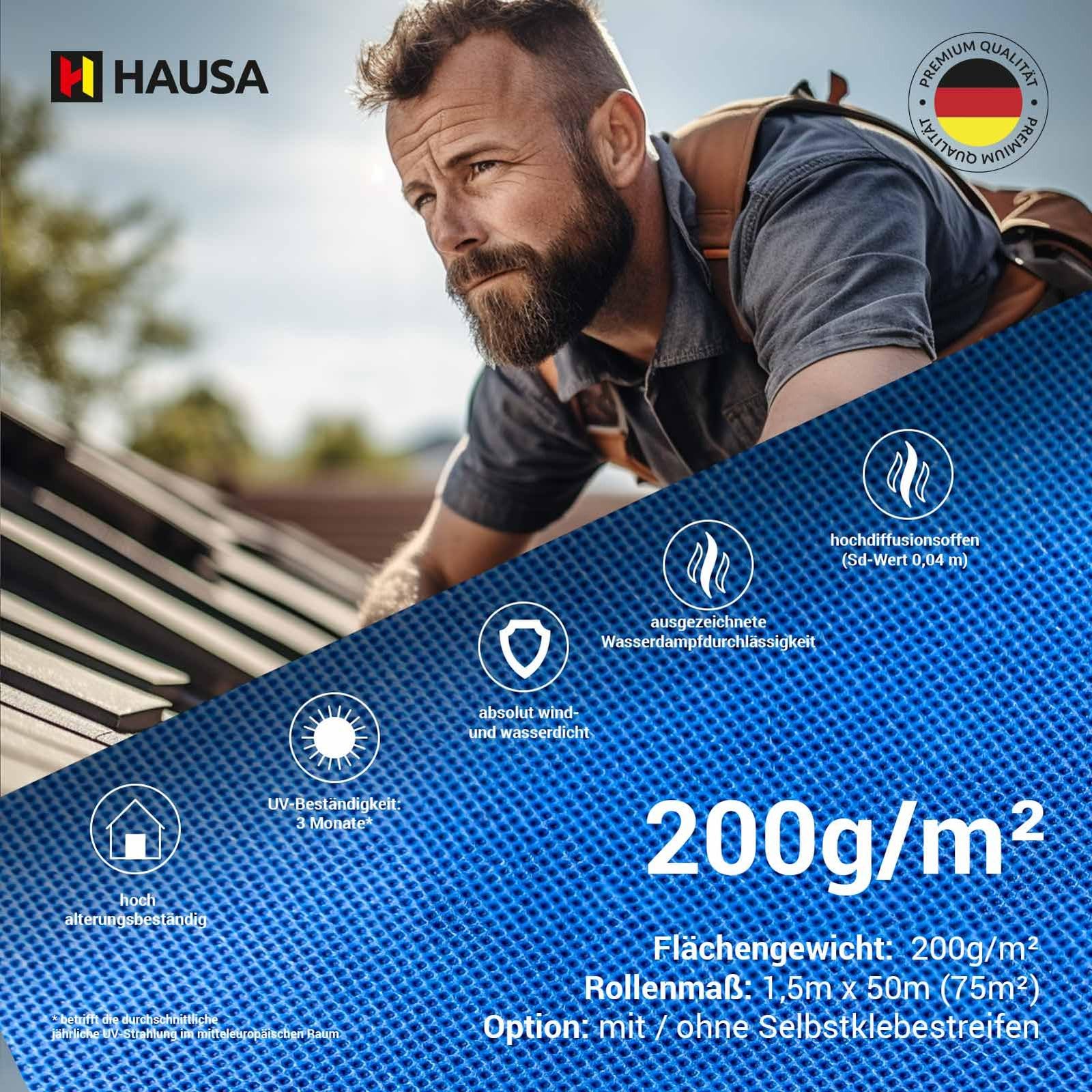 HAUSA Titanium HU200 Membrane de sous-toiture 200g/m² 225m² 3x(1,5mx50m) hautement perméable imperméable résistante aux intempéries au vieillissement indéchirable, avec 2 bandes autocollantes