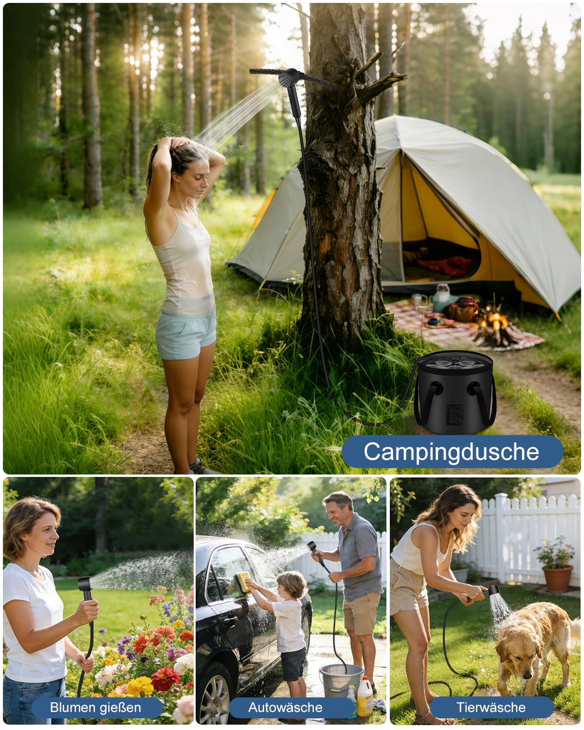 Einfache Tragbare Campingdusche für Einsteiger, 3 Wasserstufen, Mobile Outdoor Dusche mit Pumpe, 5000mAh Akku, Saugnäpfen & Haken für Camping, Tierwäsche, Autowäsche, Obst Waschen, Blumen Gieβen