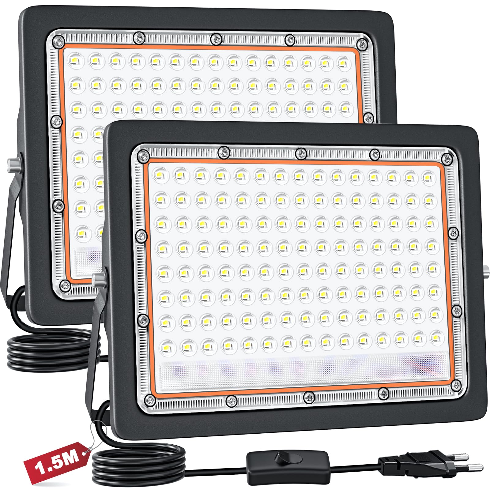 CREATESTAR 100W Faretto LED da Esterno,2pcs Faretto Led con Spina,6500K bianco naturale,Super illuminoso Faro led da 10000 lumen Faretti led Impermeabile IP66 per cortile, giardino, garage, tetto.