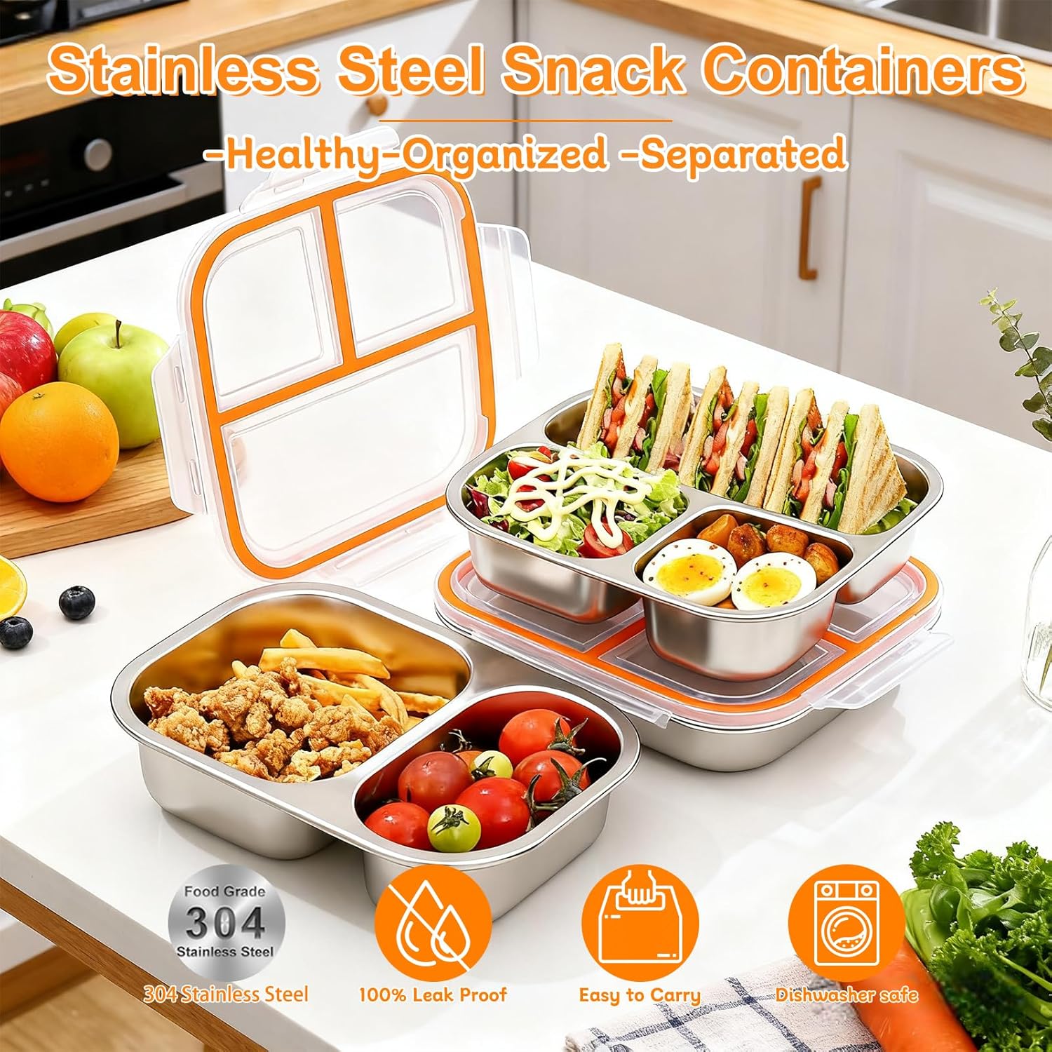 Stainless Steel Snack Containers, 2-Compartment 800ml + 3-Compartment 600ml Leakproof Food Storage Boxes with Lids, Secure Lock Keep Fresh for Office Work Travel Picnic Adults Kids Lunch Use - Image 5