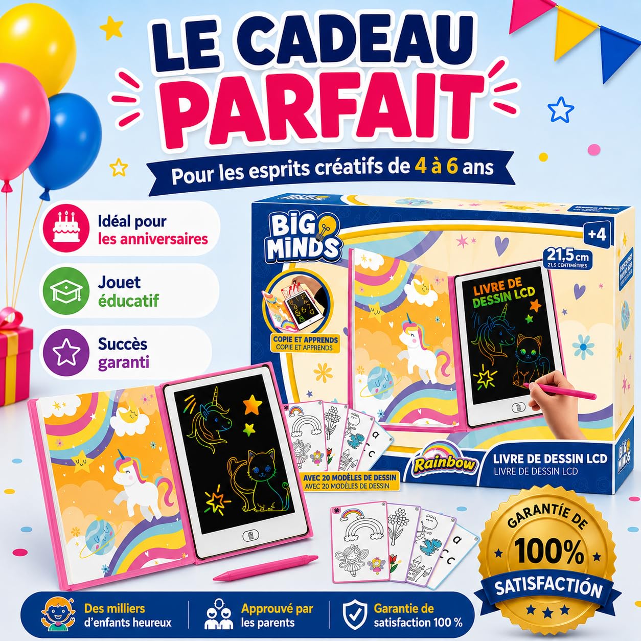 Big Minds - Tablette Dessin Enfant Rainbow Lcd | Tablette Magique Enfant 20 Pochoirs Réversibles | Ardoise Magique Format Livre | Jouet Enfants 4 Ans Effaçable | Cadeau Fille 5 Ans | Jouet 6 Ans