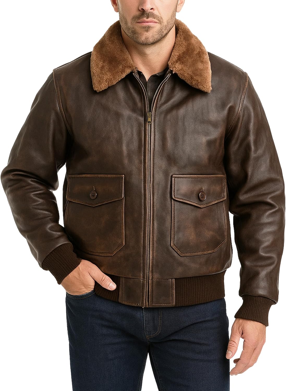 Mens Classic Air Force A2 Leather Jacket - Genuine Leather Pilot Brown Fur Collar Bomber Jacket Men