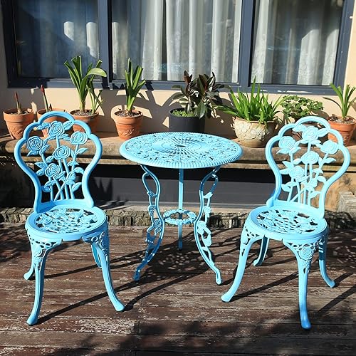 KAI LI Juego de muebles de exterior con patrón de rosas, 1 mesa, 2 sillas para jardín, patio, porche (rosa y azul claro)
