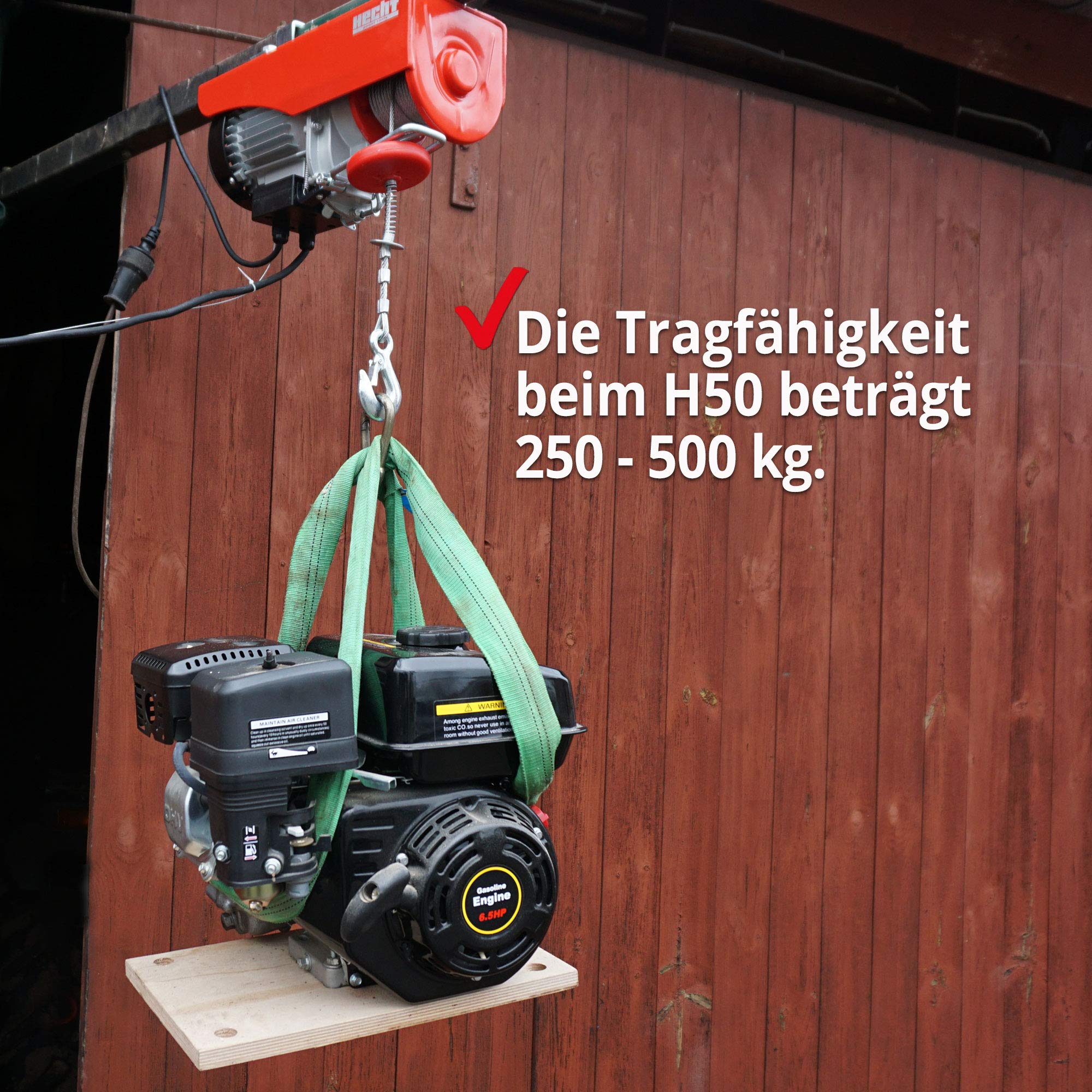HECHT Cavo elettrico – 250 kg – 500 kg – 230 v – con telecomando, puleggia, corda d'acciaio, freno automatico – sollevatore a soffitto elettrico per il trasporto di carichi pesanti per officina e