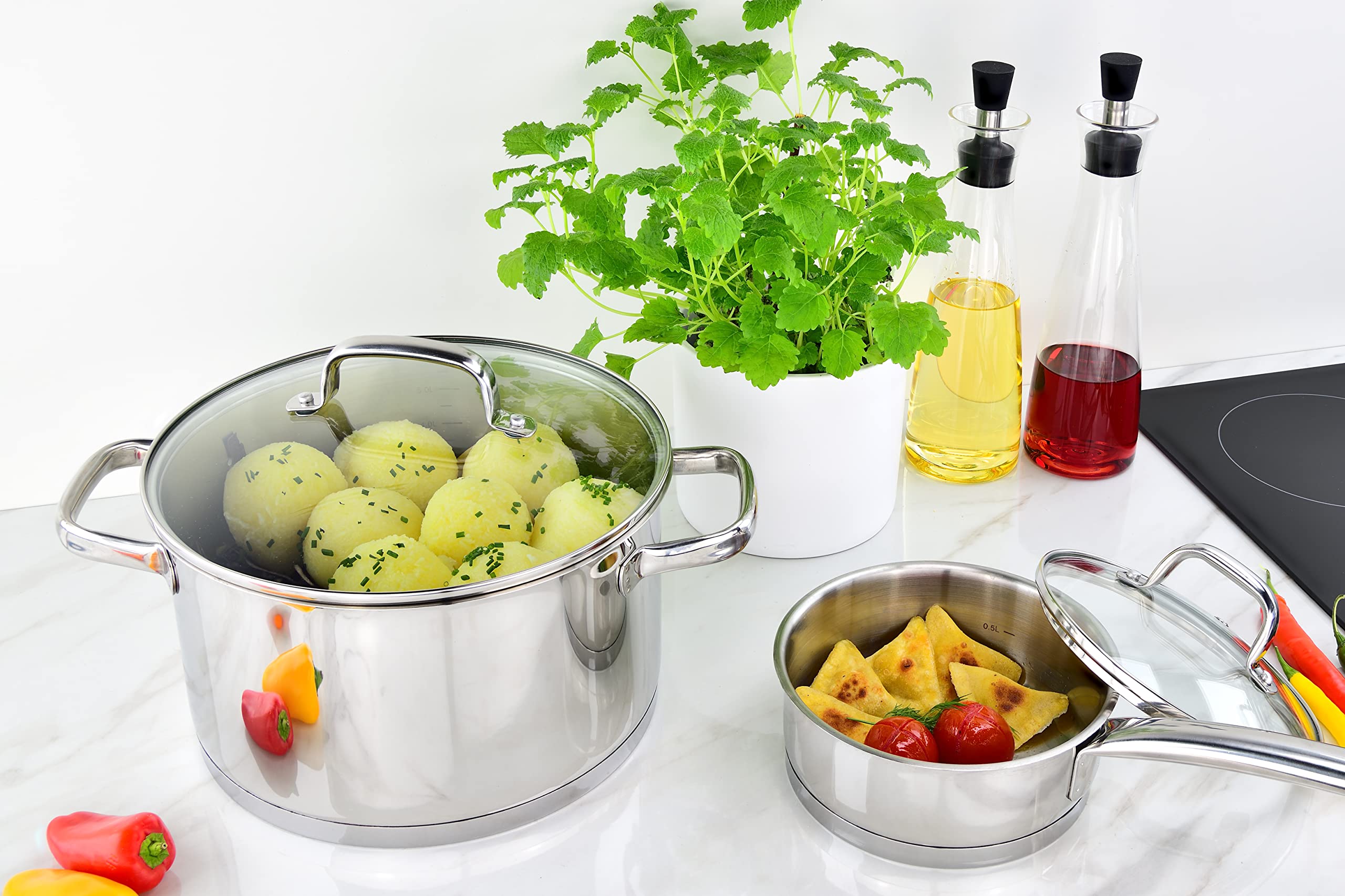 Linnuo Topf Induktion 24cm mit Glasdeckel, Kochtopf groß 6l, aus 18/10 Edelstahl, Griff nicht heiß, geschmiedeter Boden für alle Herde, Topf groß als Suppentopf Nudeltopf Spaghettitopf | Cooking Pot