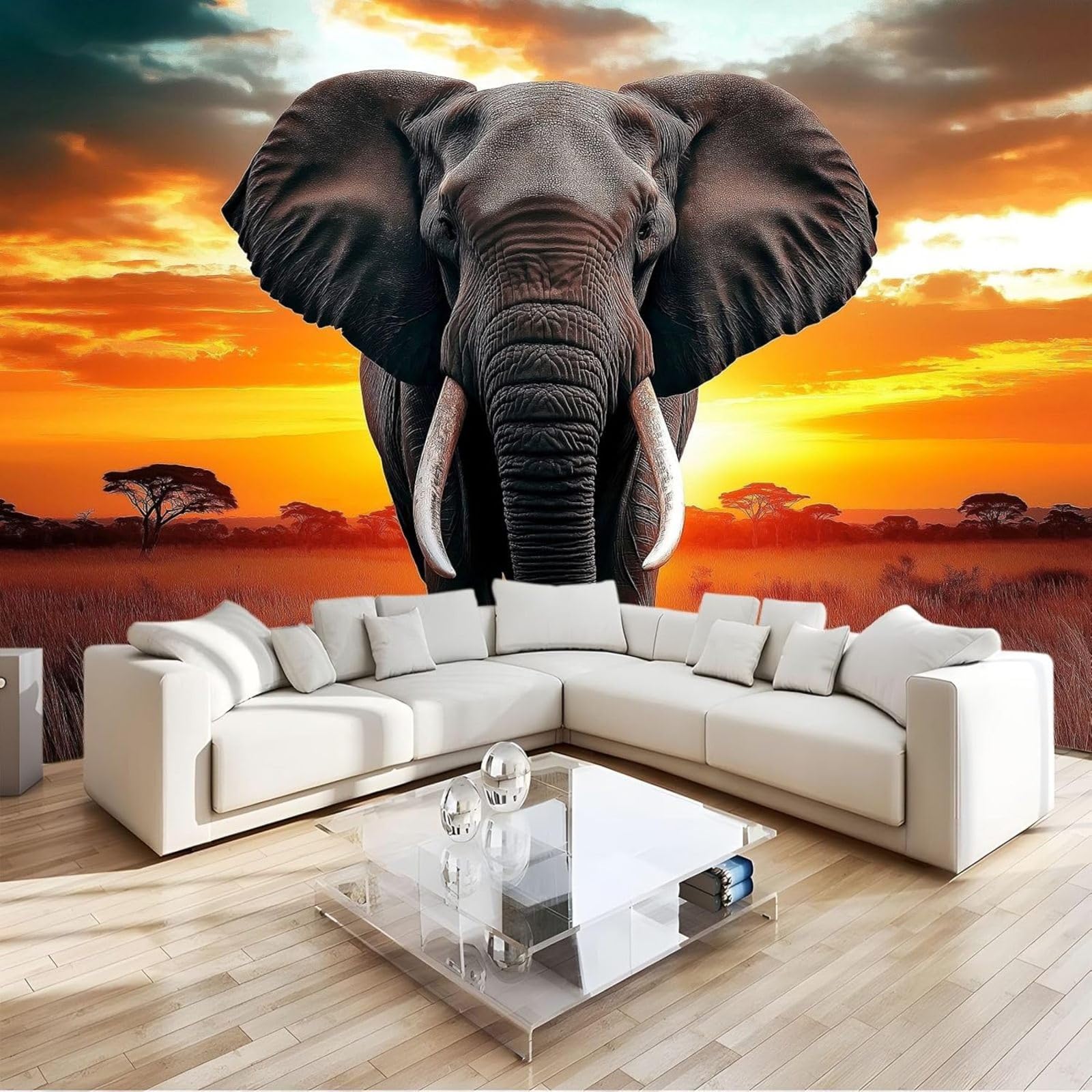hgjdjhnf Photo Wallpaper Sunset Over African Elephant Non-Woven Wallpaper Modern wall Mural Living Room Bedroom Wall Art Wall, Orange, 430cm x 300cm Stickers - Frameless Painting - Poster