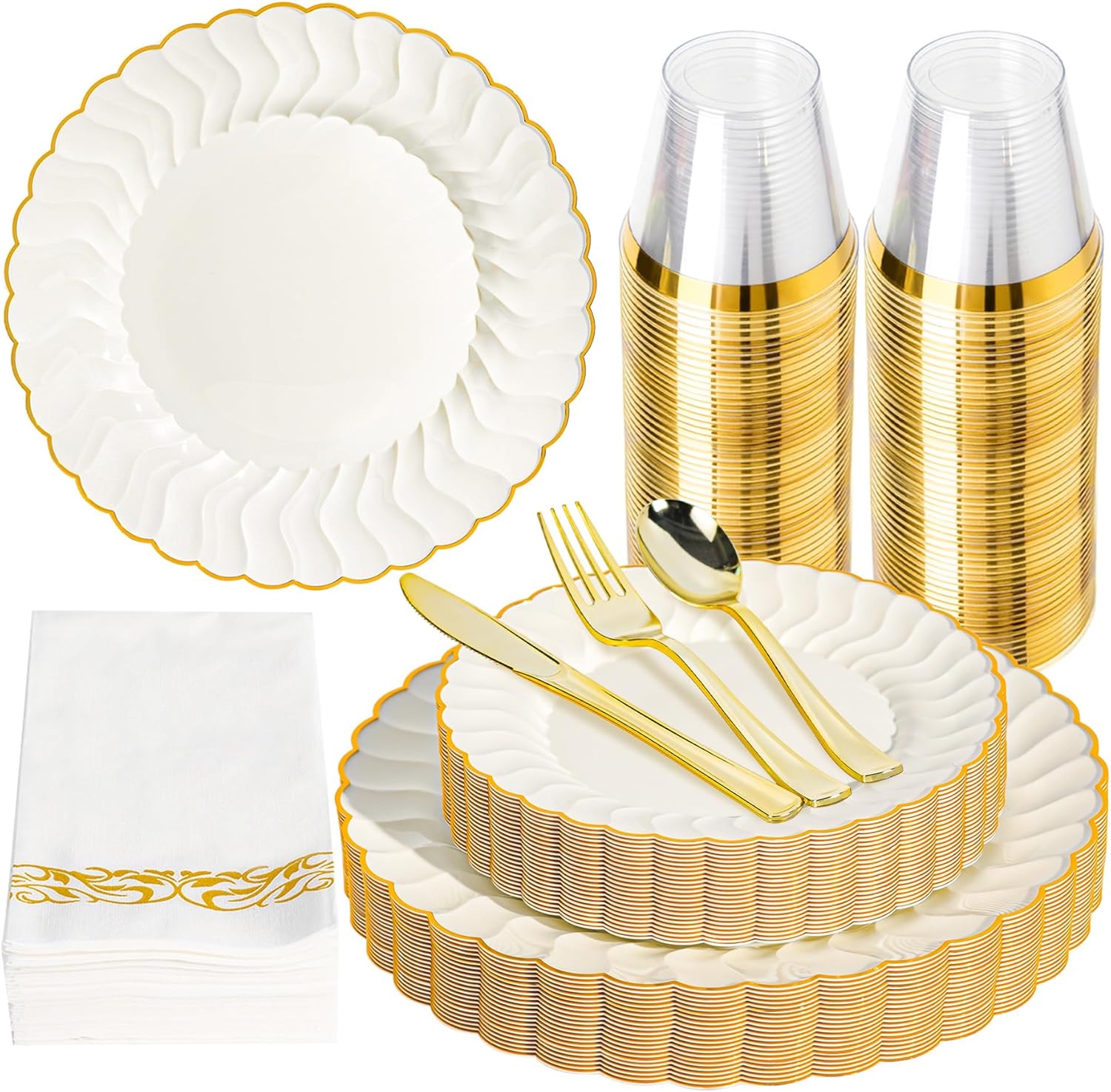 Lullaby 336PCS Elegant Disposable Dinnerware Set –96 Ivory Scalloped Gold-Trim Plates (48 Dinner, 48 Dessert), 48Forks, 48 Spoons, 48 Knives, 48 Napkins & 48 Cups – Fancy Plastic Plates for 48 Guests