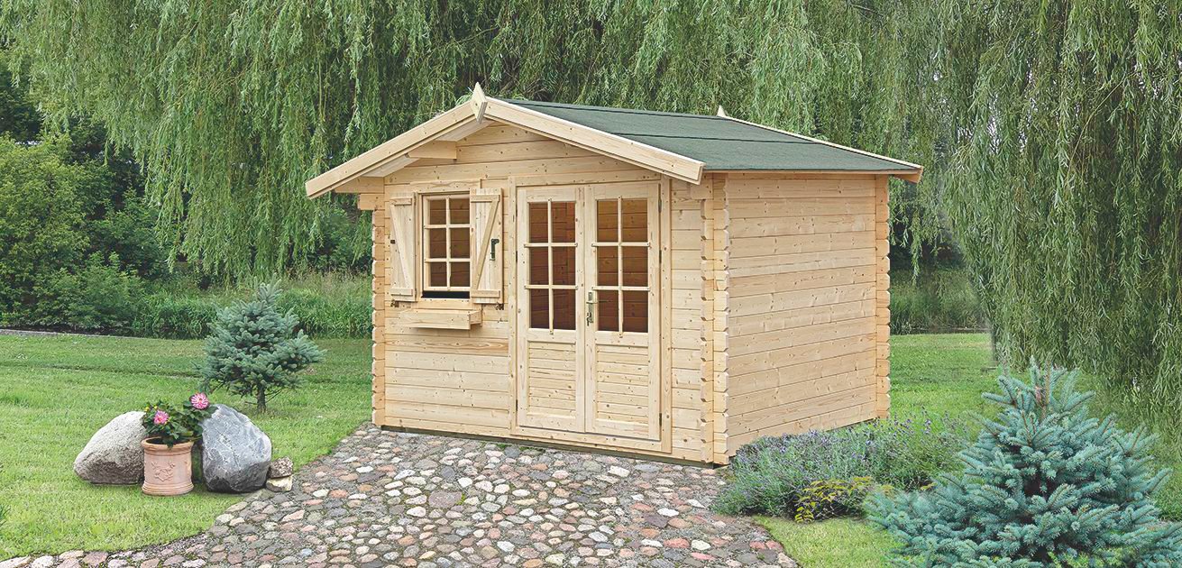 Gartenhaus PR12 - 34 mm Blockbohlenhaus, Grundfläche: 13,90 m², Satteldach