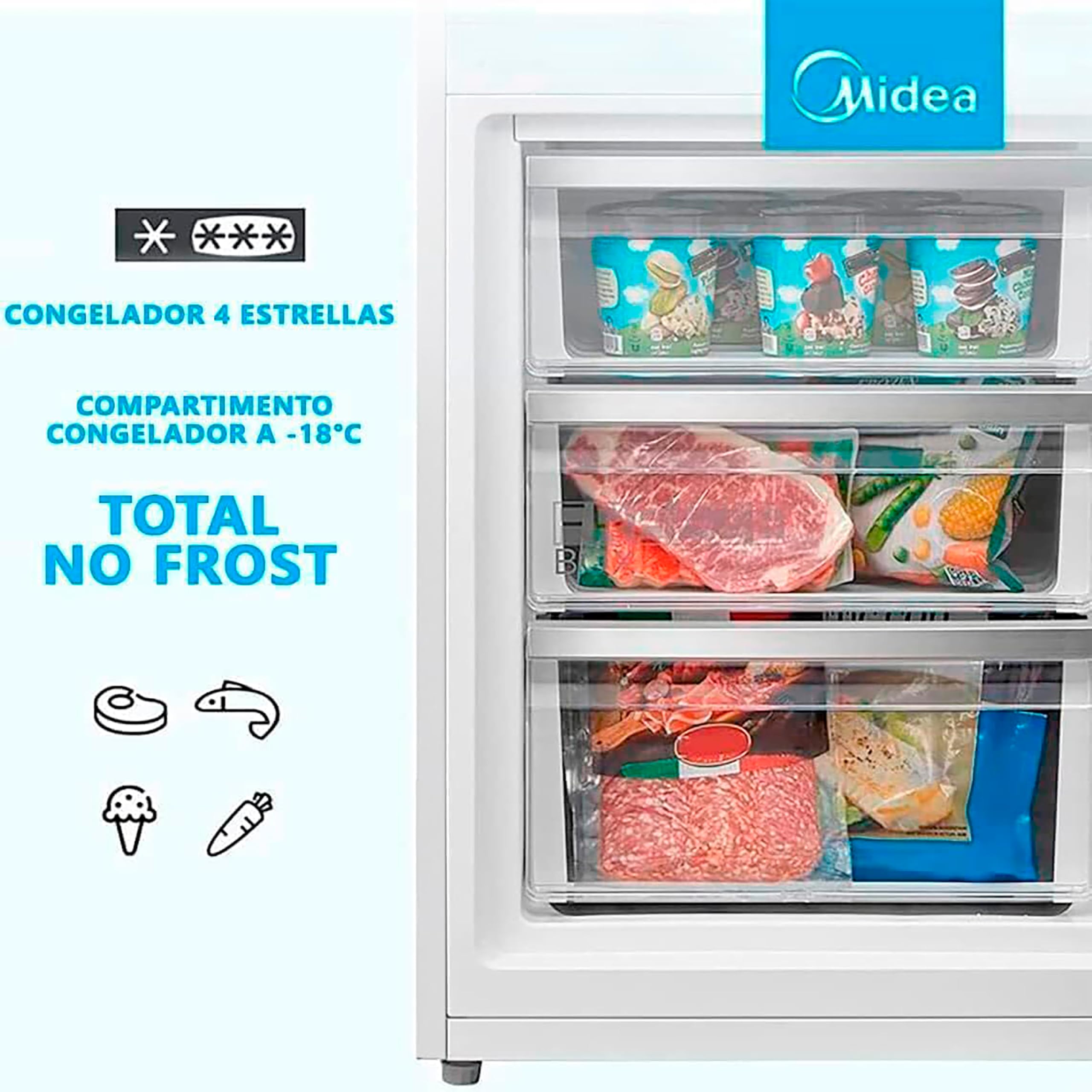 Midea Frigorifico Combi No Frost | 55 cm ancho x 180 cm | Inox | 270L de Capacidad - Nevera Libre Instalación con Congelador Vertical - Refrigerador de Bajo Consumo con Sistema Multi Air Flow