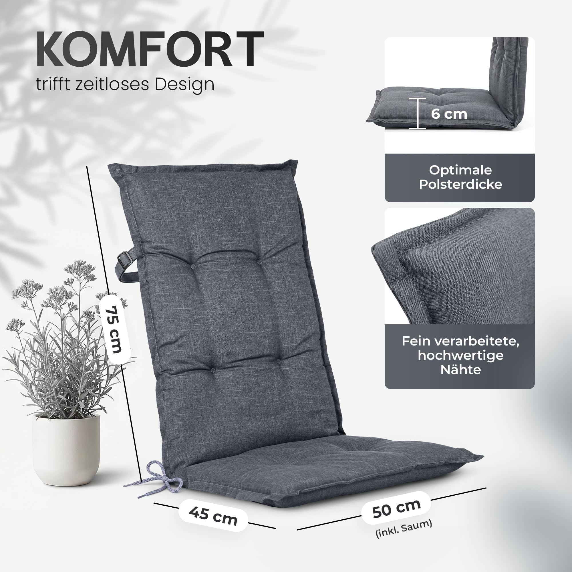 Hochlehner Auflagen 2er Set - 120x50 cm - Gartenstuhlauflagen Sitzauflagen - Oeko-Tex zertifiziert - Hochlehner Polster - Gartenstuhl Stuhlauflagen mit Befestigung - Made in EU - Antrazit