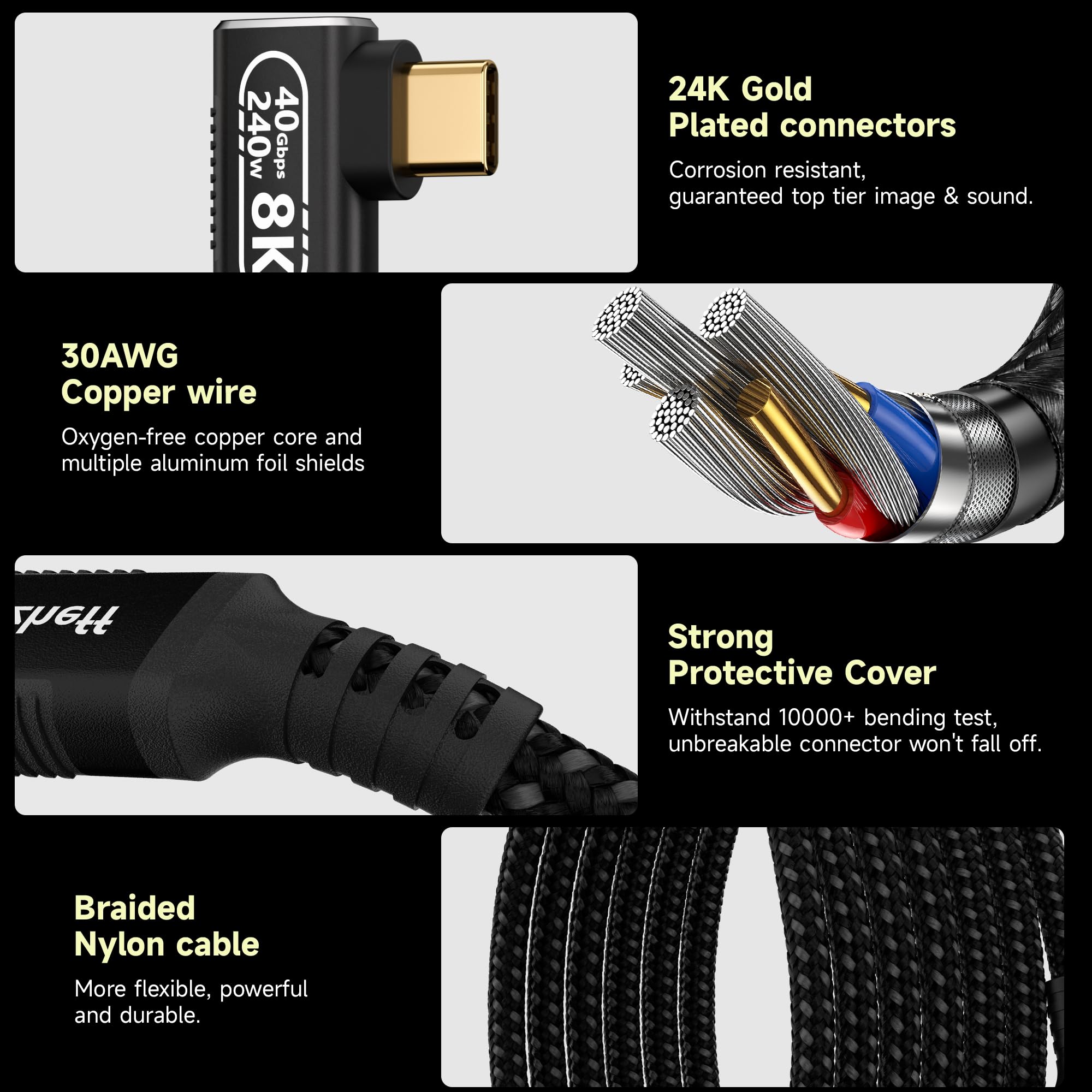 2 m/2 m ad angolo retto di 90 gradi per una portata estesa e una configurazione ordinata, cavo Thunderbolt 4 USB-C, trasferimento dati 40 Gbps, ricarica PD 240 W, uscita video 8K, compatibile con