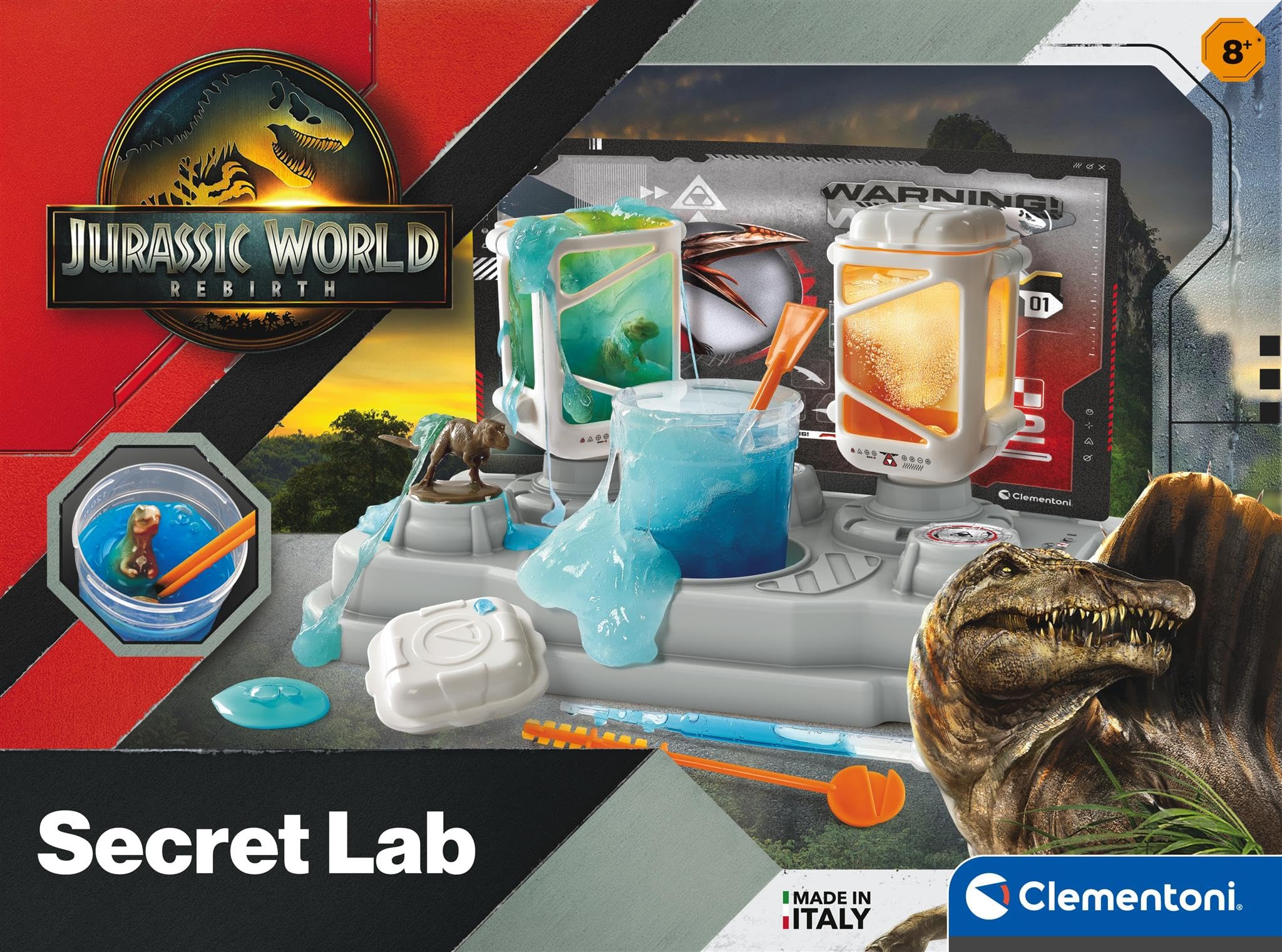 Clementoni - Jurassic World - Laboratorio de Genética Secreta - Kit de Laboratorio de Dinosaurios con Dinosaurios Luminosos, Educativo, 7+ Años, 35x26x7 cm, 18220