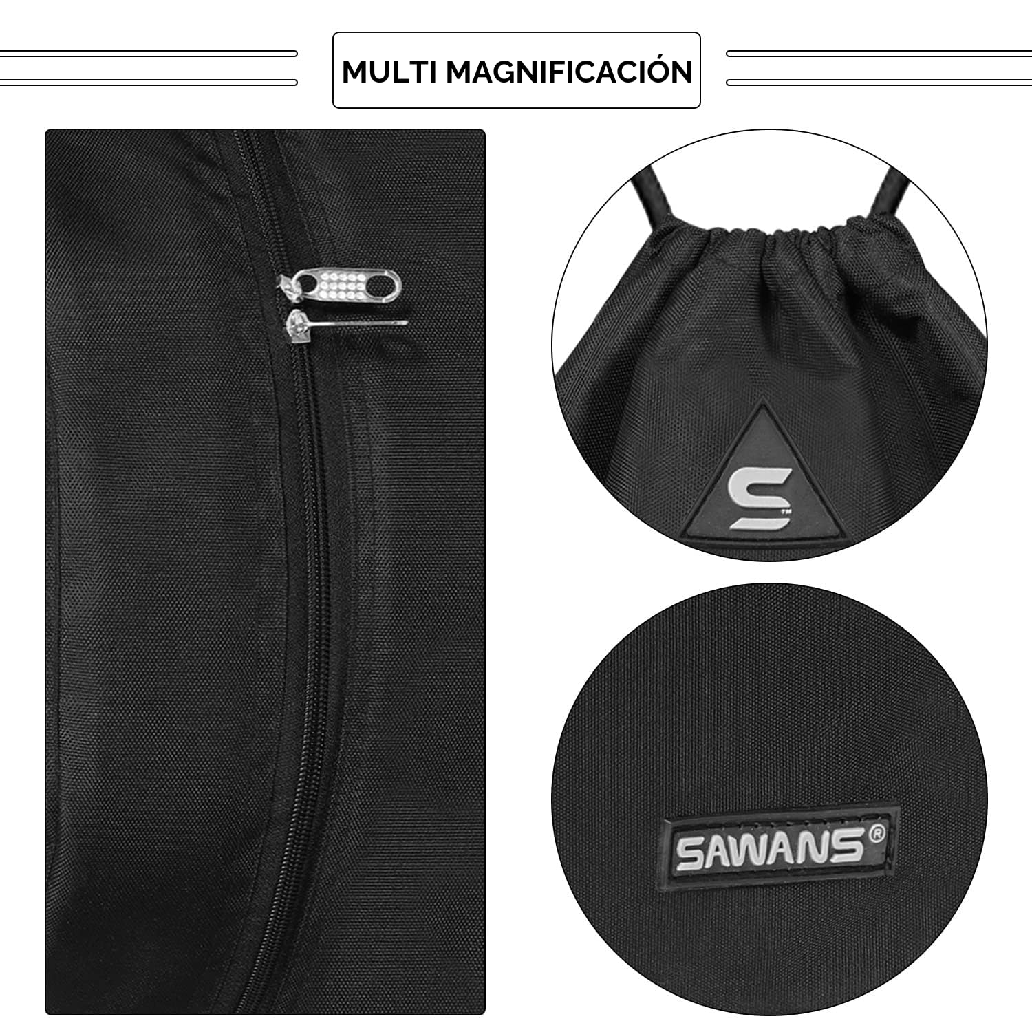 SAWANS Bolsa deportiva de gimnasio con cordón, bolsa impermeable con bolsillo para mujeres y hombres, kit de viaje para senderismo, escuela, estudiantes, bolsa de polietileno al aire libre (Negra)