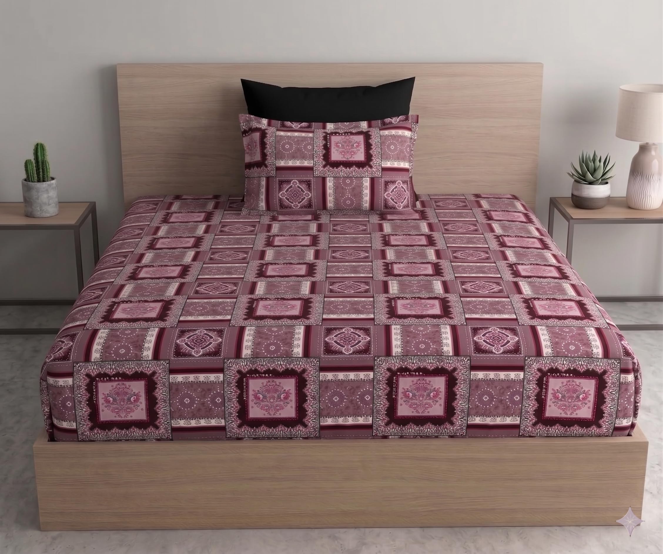 DECOMIZER Cotton Feel All Around Elastic Fitted Glace Printed Single Bed Bedsheet with 1 Large Pillow Cover Fits Upto Mattress of 6 Inches,Size - 42 x 75 x 8 Inches, Cherry Floral