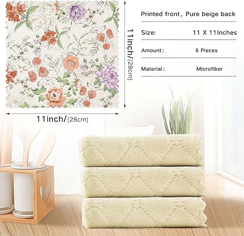 Miniatura 3 de Flowers Floral Beige Soft Decorative Microfiber Towels Kitchen Fast Drying Set of 6 Car Drying Towels for Bathroom Coffee