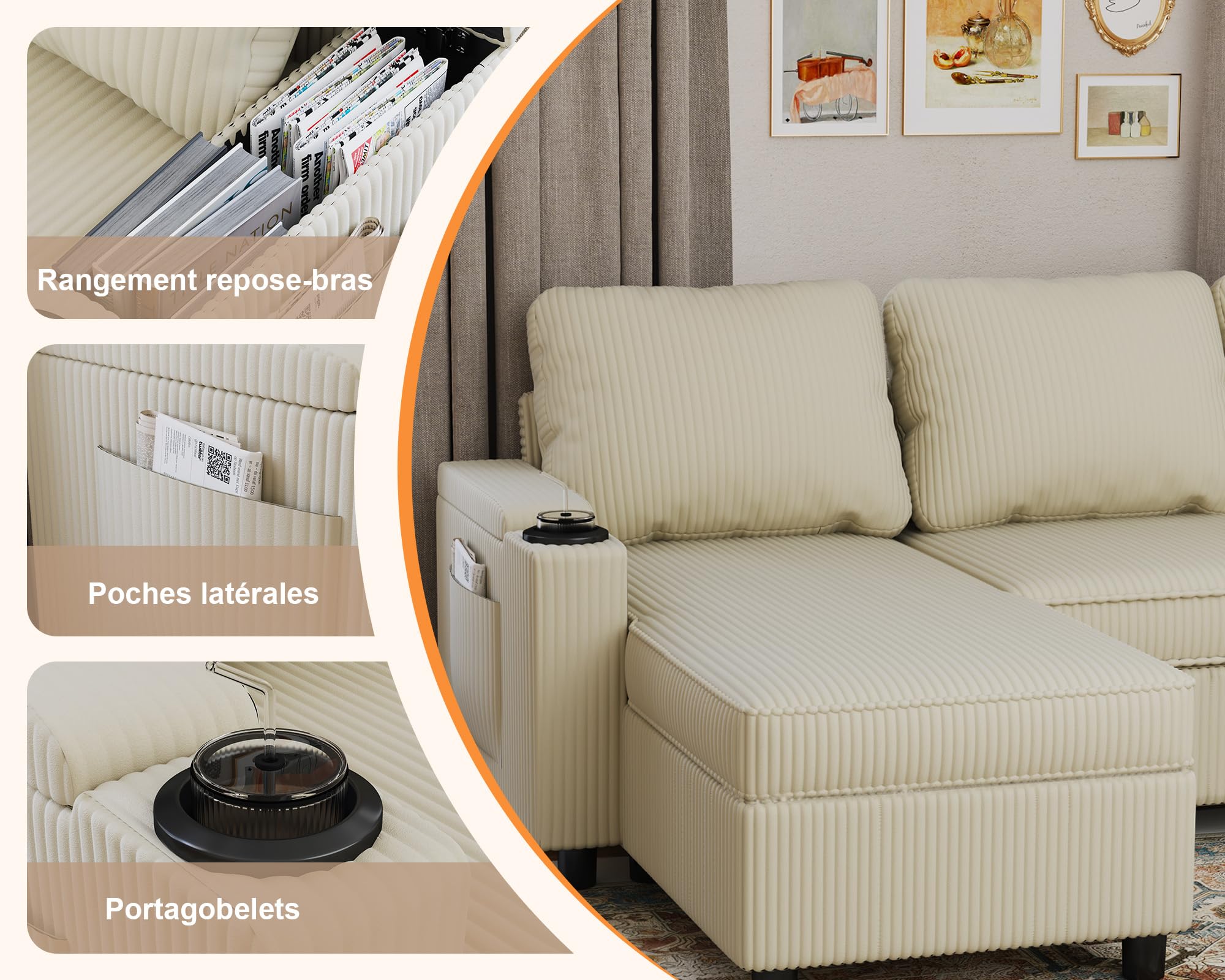 Devoko Canape Dangle Convertible, Canapé Convertible avec Rangement et Méridienne Réversible, Multifonctionnel Canape 3 Places Canapé Lit avec Accoudoirs pour Salon et Petit Appartement,Beige