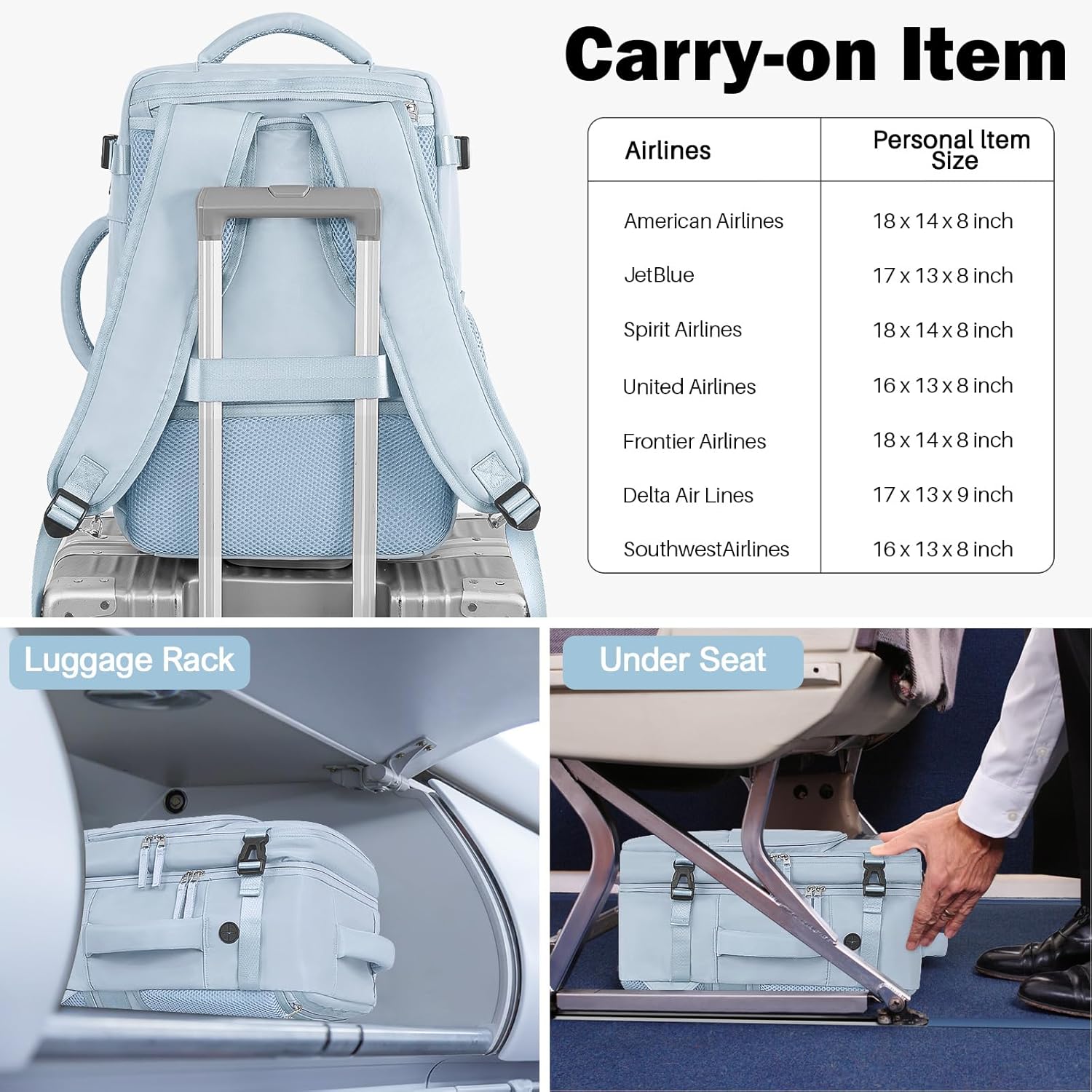 Travel Backpack for Men Women, Carry on Backpack Flight Approved, Personal Item Backpack Bag on Airplanes,Backpacks for Traveling, Travel Essentials,Light Blue - Image 2