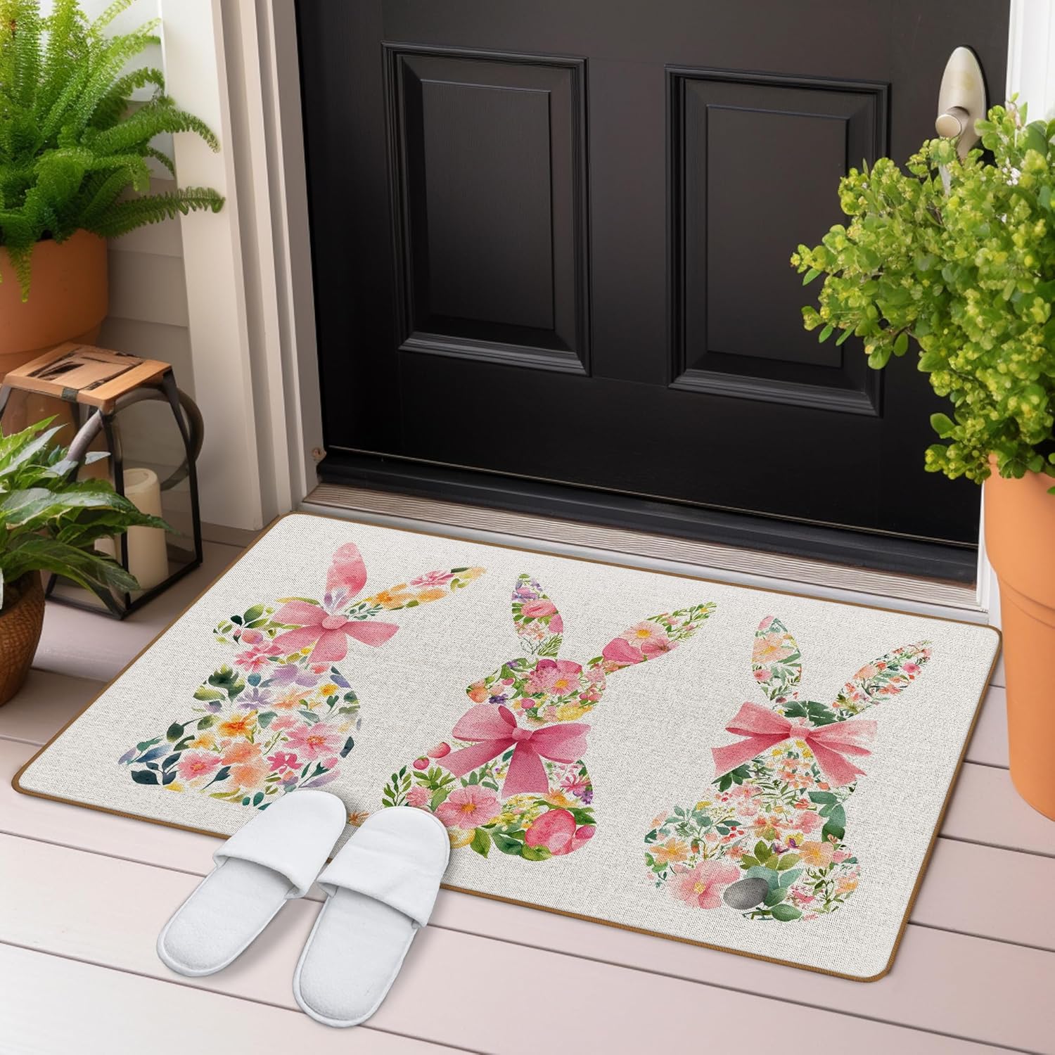 Pink Easter Bunny Door Mat, Easter Rabbit Spring Floral Welcome Front Door Mat Indoor Outside Entrance, Coquette Pink Bow Flower Botanical Bunny Decor Doormats 17x29 Inch