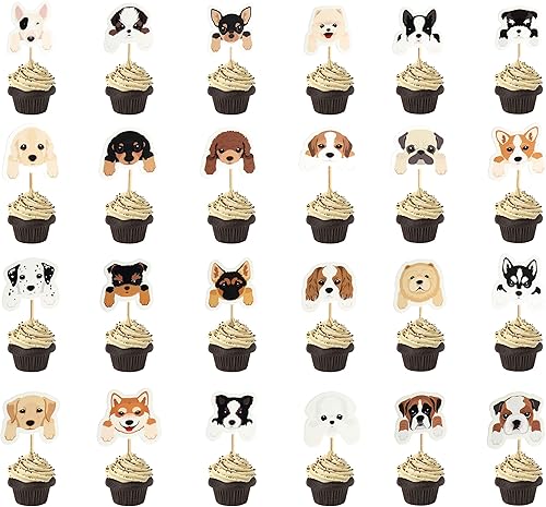 Juego de 24 adornos para cupcakes para cachorros, adopción para mascotas, fiesta de cumpleaños, suministros de decoración de pasteles