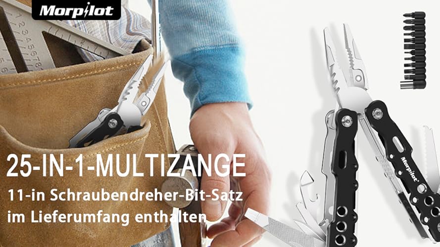 Bild 6 - morpilot Multitool Werkzeug, 25 in 1 Faltbares Edelstahl Multifunktionale Zange, Multitools als Schneider, Flaschenöffner und Karabiner, mit 11 Schraubendreher Bits und Gurtcliptasche