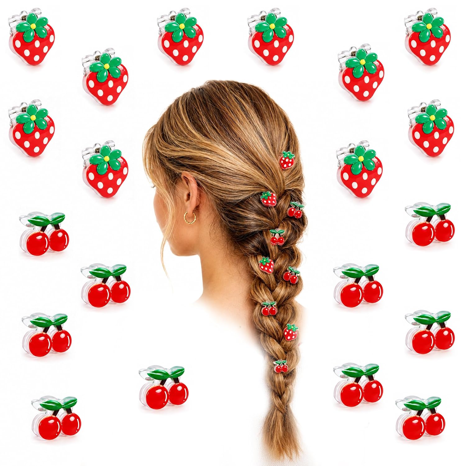 Cute Mini Strawberry and Cherry Claw Clips for Women, 20pcs Resin Hairpins