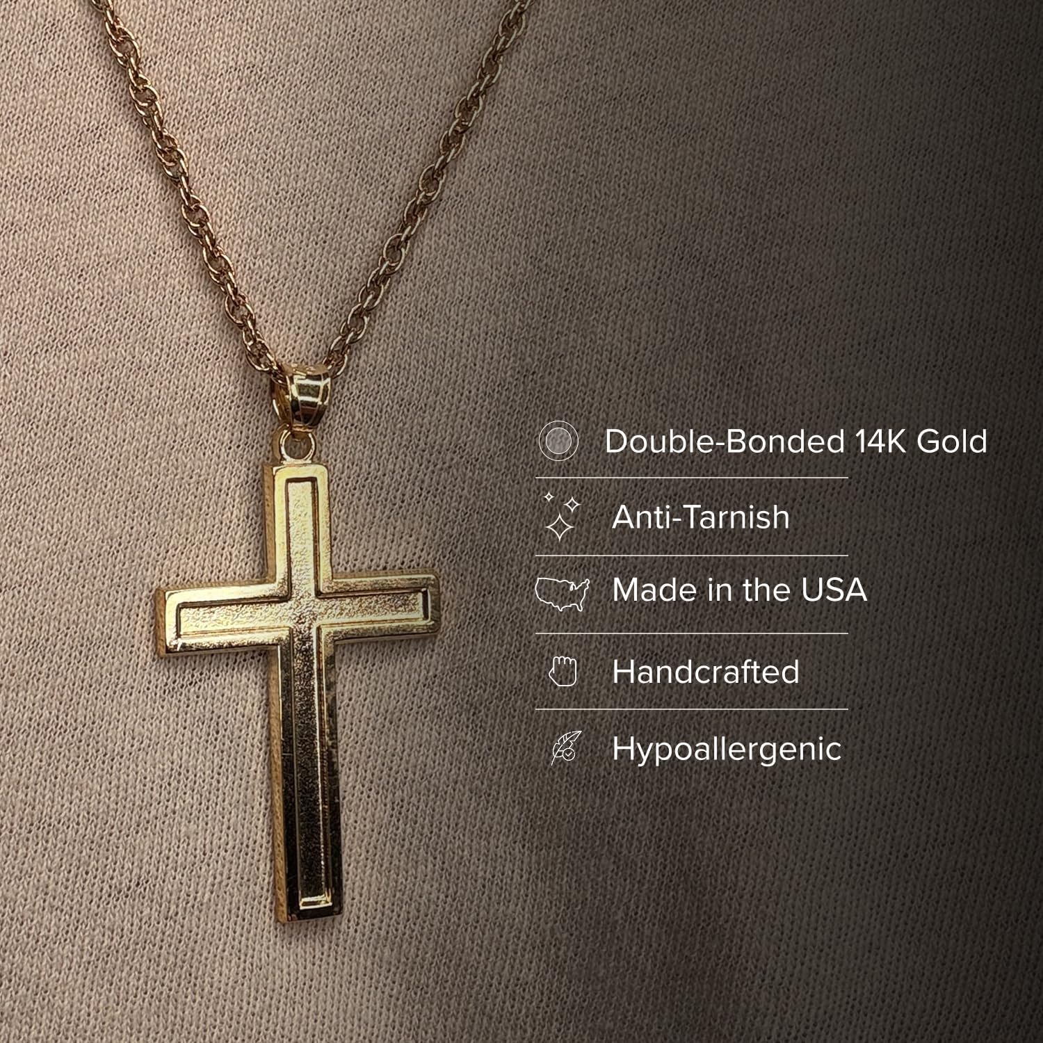 CROSS + CROWN Premium 14K Yellow Gold Cross Pendant, Durable Double-Bonded 14K Pendant for Necklace, Women & Mens Polished Gold Cross for Chain, Handcrafted Religious Jewelry in the USA, XXL