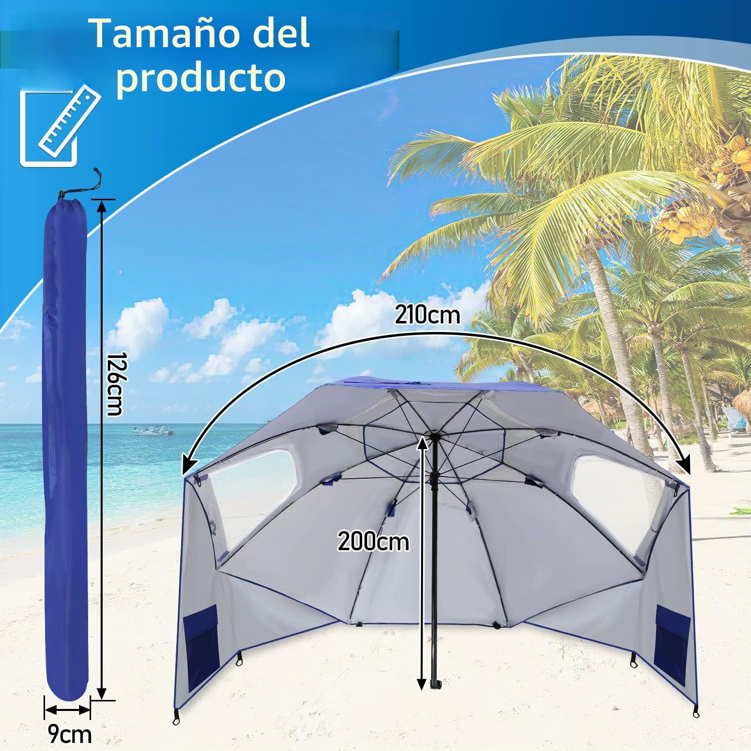 Daromigo Sombrilla 2 en 1 semáforo de aluminio paraguas protección solar protección UV 50, 210 x 220 cm concha de playa para playa jardín plegable multifuncional, con ventana y bolsa de transporte