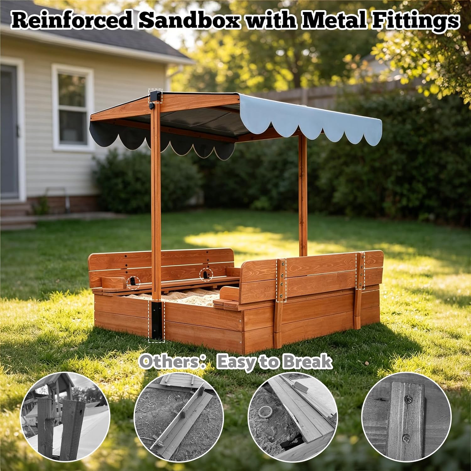 FunXplore Wooden Kids Sandbox with Lid & Canopy, Outdoor Sand Pit with Cover & Adjustable Roof, 2 Foldable Benches, Bottom Liner, Backyard Play Equipment for Ages 4-8, Brown