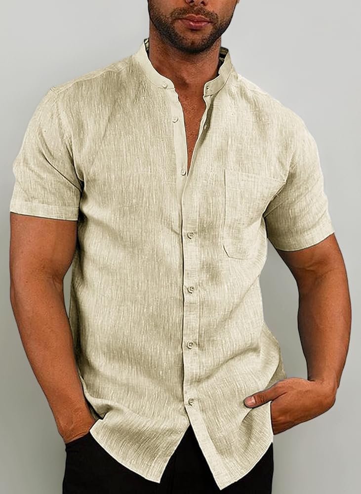 Men's Cuban Collar Shirt - Short Sleeve Cotton Linen Summer Top For Casual Wear