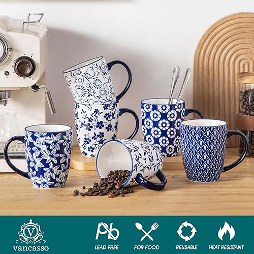 Miniatura 3 de vancasso SELENE - Juego de 6 tazas de café grandes de porcelana de 16 onzas con asa, taza de té de cerámica para capuchino, café con leche, té,