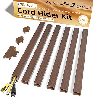 Delamu Cord Hider, 85in Cord Covers for 2-3 Wires on Wall, Self-Adhesive Cable Hider, PVC Wire Hiders Wire Covers for TV Cords on Wall, Easy Mount Cable Cover Raceway Kit, W0.95 H0.55in, Cherrywood