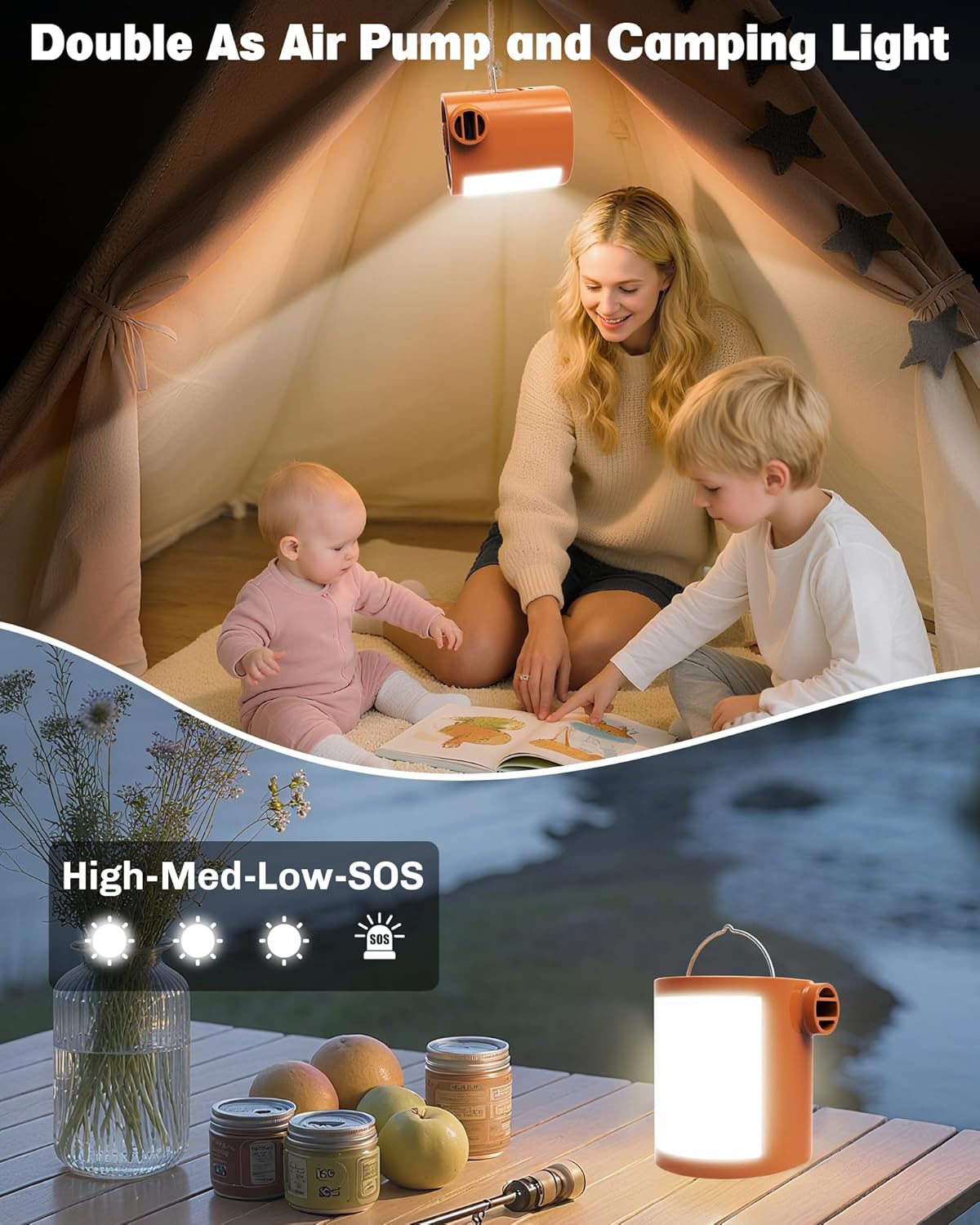 Air Pump for Inflatables with 3600mAh Rechargeable Battery & Camping Light,Ultra-Fast 400L/Min and Mini Electric Air Pump, 6 Nozzles,Inflate Deflate for Air Mattress, Pool Floats, Vacuum Storage Bags