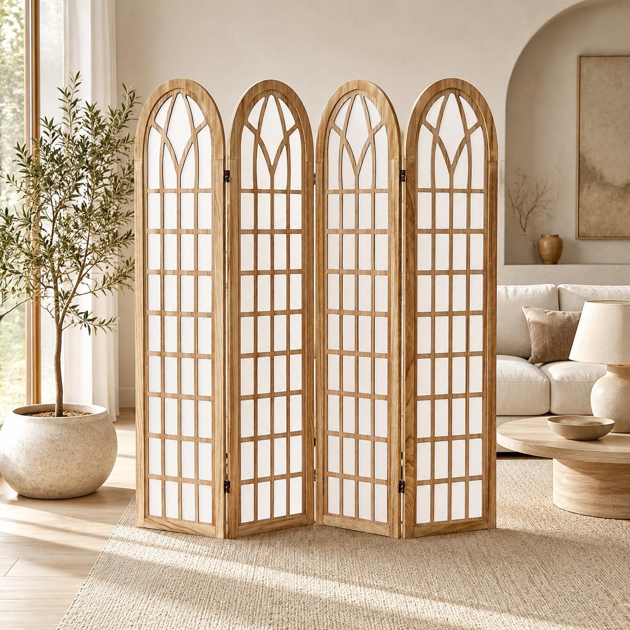 4 Panel Shoji Room Divider Folding Privacy Screen Light Brown