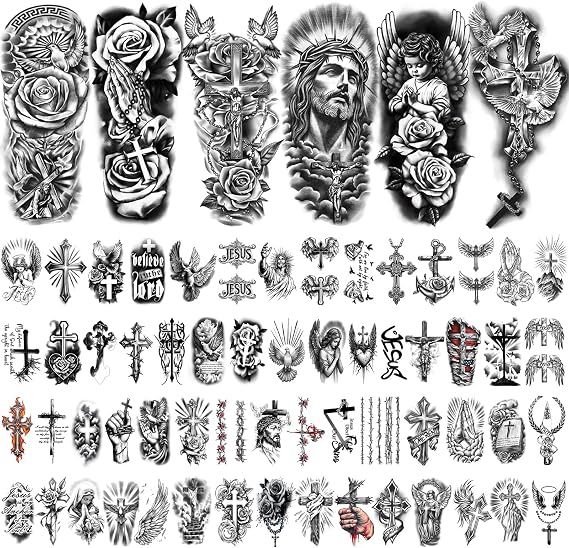 77 Sheets Christian Temporary Tattoo for Women Men, 17 Sheets Half Arm Religious Cross Jesus God Angels Fake Tattoos for Adult Arm Chest, 60 Sheets Christ Tiny Realistic Tattoos Stickers for Kids