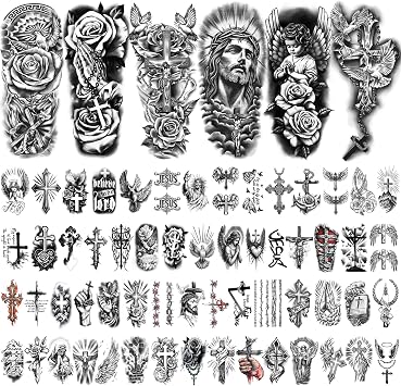 77 Sheets Christian Temporary Tattoo for Women Men, 17 Sheets Half Arm Religious Cross Jesus God Angels Fake Tattoos for Adult Arm Chest, 60 Sheets Christ Tiny Realistic Tattoos Stickers for Kids