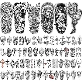 77 Sheets Christian Temporary Tattoo for Women Men, 17 Sheets Half Arm Religious Cross Jesus God Angels Fake Tattoos for Adult Arm Chest, 60 Sheets Christ Tiny Realistic Tattoos Stickers for Kids