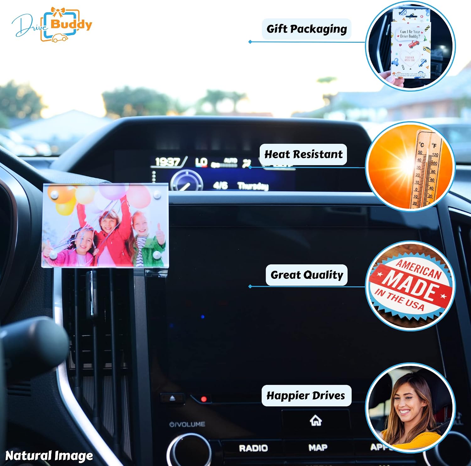 Drive Buddy Car Photo Frames, Car Vent Photo Holder, Acrylic Magnetic Picture Frame Clips Onto Air Vents, Fits Wallet Size Photos 2x3 Inch (Rectangle)